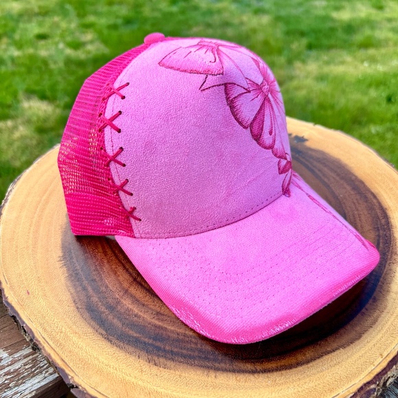 Hand Burned Pink Bow Trucker Hat, Bow Baseball Cap, Bow Snapback - Picture 2 of 2